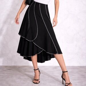 Joseph Ribkoff Midi Skirt Vintage Y2K 90s Asymmetrical Black Flowy Goth Cream 12